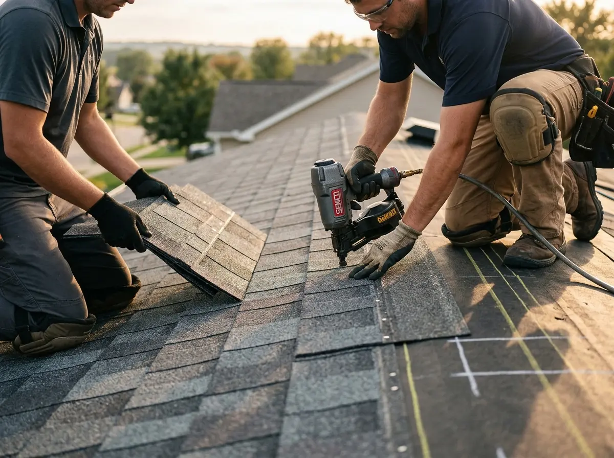 Professional roofer working on a residential roof in Boone